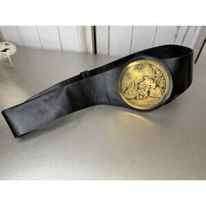 Vintage Large Gold Lancret Victorian Leather Black Belt Harry Rosenfeld M/L